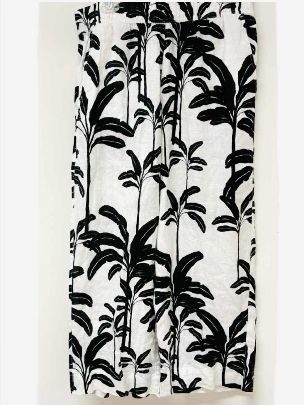 Tahari White Linen Wide Leg Black Tropical Leaf Print Pants XL Elastic Pull On - Picture 4 of 10